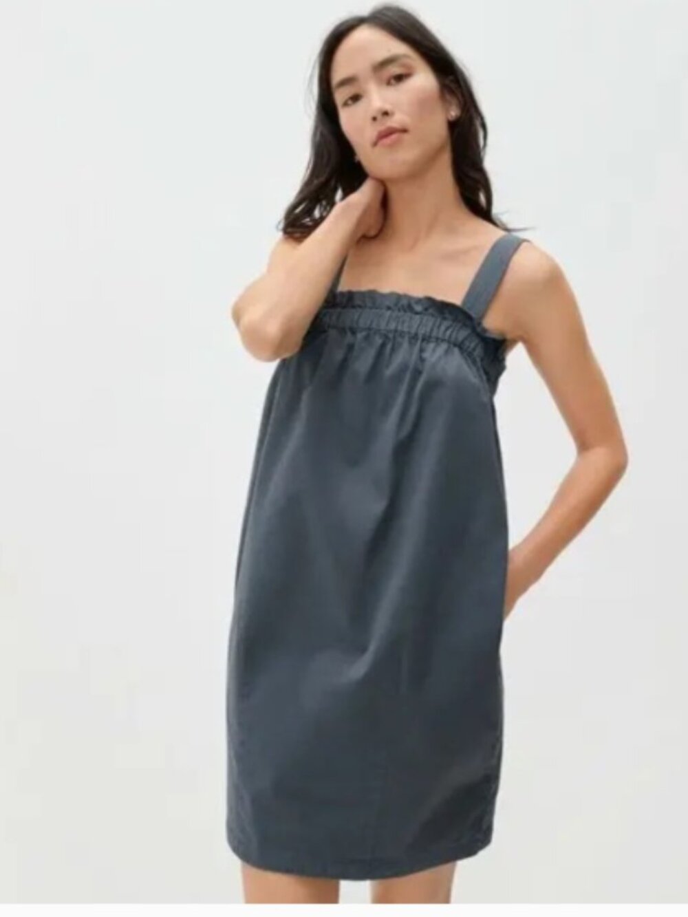 EVERLANE Ruffle Paperbag Dress | XS | Blue Gray Pockets Adjustable Strap Relaxed